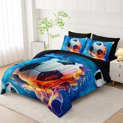 AILONEN Kids Soccer Comforter Set Queen Size,7-Piece Soft Bed in a Bag,Ice and Fire Sport Boys Soccer Comforter & Fitted Sheet with Flat Sheet & 2 Pillowcases,2 Pillow Shams for Bedroom