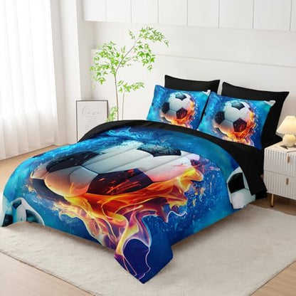 AILONEN Kids Soccer Comforter Set Queen Size,7-Piece Soft Bed in a Bag,Ice and Fire Sport Boys Soccer Comforter & Fitted Sheet with Flat Sheet & 2 Pillowcases,2 Pillow Shams for Bedroom