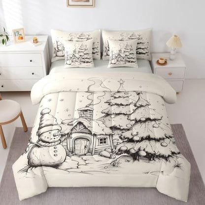 Erosebridal Christmas Tree 7 Pcs Comforter Set King, Hand Drawn Snowman Bedding for Kids Adults, Christmas House Winter Illustration Bed in A Bag Sheet Set, Grey Ball Bed Set