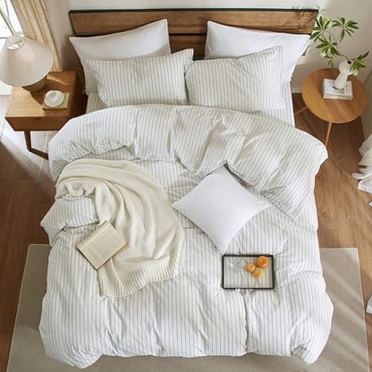 Striped Duvet Cover Set 100% Washed Cotton Linen Like Textured 3 Piece Bedding Set Comfy Breathable Lightweight (Full, Wide Stripe-White/Black)