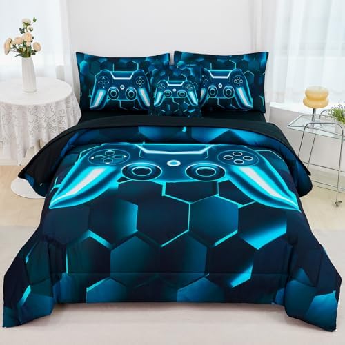 URBONUR 6 Pieces Gamer Comforter Set Twin Size for Teen Boys Blue Teal