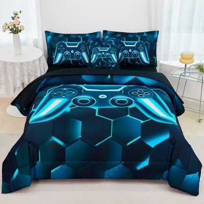 URBONUR 6 Pieces Gamer Comforter Set Twin Size for Teen Boys Blue Teal
