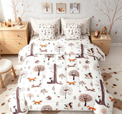 Feelyou Wild Animal 7 Piece Bedding Set Fox Squirrel Owl Comforter Set with Sheets for Kids Boys Girls White Brown Bed in a Bag Cute Animal Bed Set Soft Lightweight