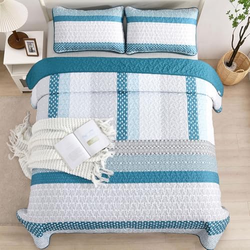 WONGS BEDDING Teal Blue Queen Size Quilt Set, Boho Striped Bedspread