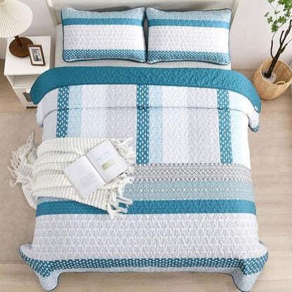 WONGS BEDDING Teal Blue Queen Size Quilt Set, Boho Striped Bedspread