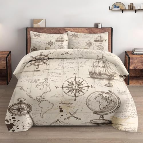 Pamnest Comforter Set Twin Size, Adventure Map Vintage Soft 2 Pcs Bedding for Kids and Adults, Rose Nautical Pirate Comforter Set with Pillowcase, for Bedroom Bed Decor