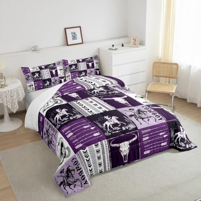Manfei Cowboy Comforter Set Twin Size, Horse Bull Skull Cowboy Boots Hat Bedding Set 2pcs, Kids Boys Teens Bedroom Decor, Boho Purple Lattice Patchwork Down Comforter Western Quilt Set, 1 Pillowcase