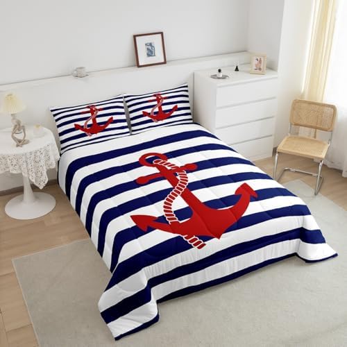 Geometric Stripes Comforter Set Twin Size,Nautical Anchor Bedding Sets 2Pcs Kids Boys Bedroom Decor 1 Pillowcase Ocean Adventure Theme Quilted Duvet Modern Navy Blue Red Bedspread Comforter