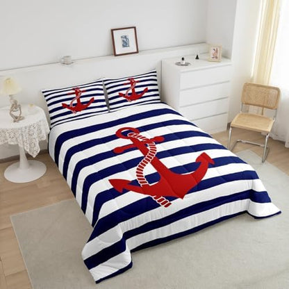 Geometric Stripes Comforter Set Twin Size,Nautical Anchor Bedding Sets 2Pcs Kids Boys Bedroom Decor 1 Pillowcase Ocean Adventure Theme Quilted Duvet Modern Navy Blue Red Bedspread Comforter