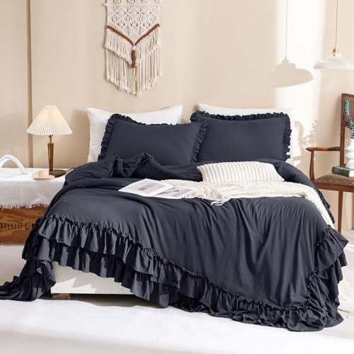 Masaca Shabby Comforter Set Queen,Farmhouse Rustic Boho Bedding Ruffled Comforter Set,Vintage Dark Grey Ruffle Comforter for Queen Bed Fluffy Aesthetic French Country Bedding 3 Pieces