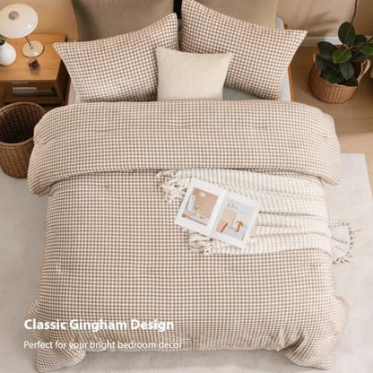 Litanika Velvet Flannel Gingham Comforter Set Twin, 3 Pcs Tan Blanket