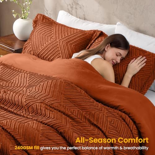 JOLLYVOGUE Queen Comforter Set, Boho Tufted 3-Piece Bedding Set, Orange