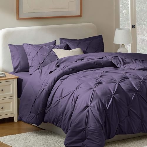 Nestl 9 Piece King Comforter Set – Purple Pinch Pleated Bed in a Bag – Complete King Size Bedding Set with Sheets, Set of 2 Cooling Pillows, Pillowcases and Shams