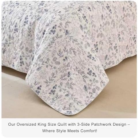 Lady Ann Oversized King Quilt Bedspreads 120x120, 3 Pcs Cotton Floral California King Size Quilt Bedding Set， Blue and White Floral & Leaves Pattern Plant Botanical Printed Quilted Coverlet Set