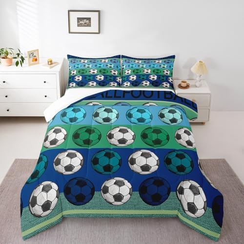 Homewish Soccer Pattern King Size Comforter Set,Kids Blue Gray Stripe Decor All Season Bedding Set,Teens Soccer Sports Comforter,Sport Gaming Decor Quilt Set Bedroom Collection 3Pcs