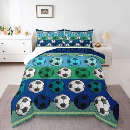 Homewish Teens Soccer Pattern Comforter Set Queen Size,Blue Gray Stripe Bedding Set for Kids Boys Girls Bedroom Decoration,Soccer Sports Bed Duvet Insert,Sport Gaming Comforter with 2 Pillowcases