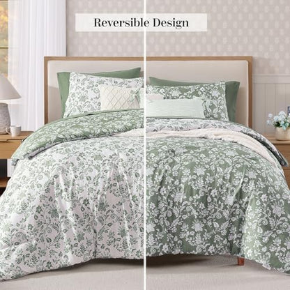 BLOOMHAVEN Queen Comforter Set-7 Pieces Green Floral Bed in a Bag Queen