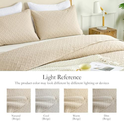 FLYMME Beige Twin Quilt Bedding Set Thin Lightweight Bedspreads,Modern Style Geometric Weave Stripe Pattern,Soft Microfiber Bed Coverlet for All Season (1 Quilt, 1 Sham)