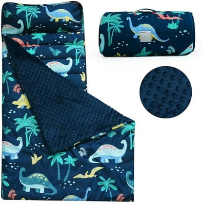 PHF Toddler Nap Mat with Removable Pillow and Minky Blanket, Rollup Design Kids Sleeping Mat, Slumber Bags for Boys, 55"x23" Toddler Sleeping Bag for Daycare Preschool Travel Camping, Dinosaur