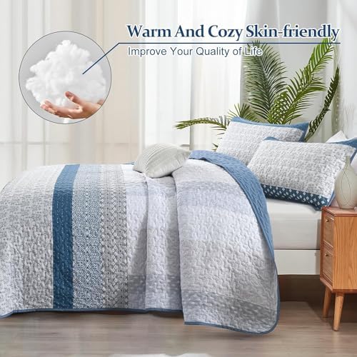 WONGS BEDDING Blue Full Size Quilt Set, Bohemian Striped Bedspreads