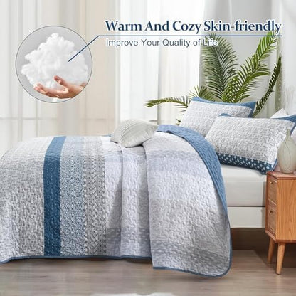 WONGS BEDDING Blue Full Size Quilt Set, Bohemian Striped Bedspreads