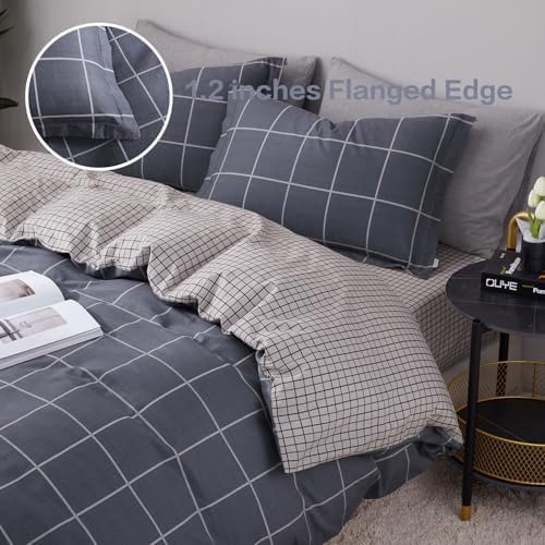 SAPHREAS Gray Plaid Geometric Duvet Cover Set King Size 3pcs Dark Grey Grid Cotton Bedding Comforter Cover Set 1 Duvet Cover 2 Pillow Shams
