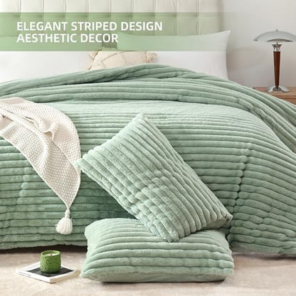 Smoofy Fluffy Queen Size Comforter 3 PCS - Sage Green Fleece Bedding Set