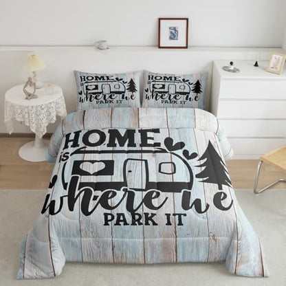 Farmhouse Rustic Camping King Size Comforter Set,Funny Home Where We Park It Bedding Set with 2 Pillowcases,Explore Camper Gifts RV Life Breathable Durable Inner Fill Polyester Bedspread