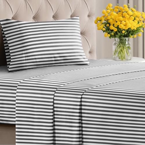 Twin 3 Piece Striped Sheet Set - Breathable & Cooling - Black Pinstripe