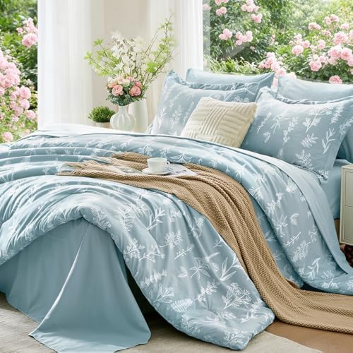MUXHOMO Mineral Blue TwinXL Comforter Set, Elegant Floral Print Bed in a Bag 5 Pieces, Ultra Soft & Breathable Reversible Botanical Pattern Bedding Set with Comforter, Sheets, Pillowcase, and Sham