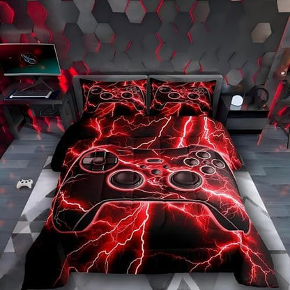 Erosebridal Gaming Comforter Set Gamer Girl Toddler Bedding Set, Retro Game Console Comforter Red Lightning Quilt,Kids Bedroom Decor