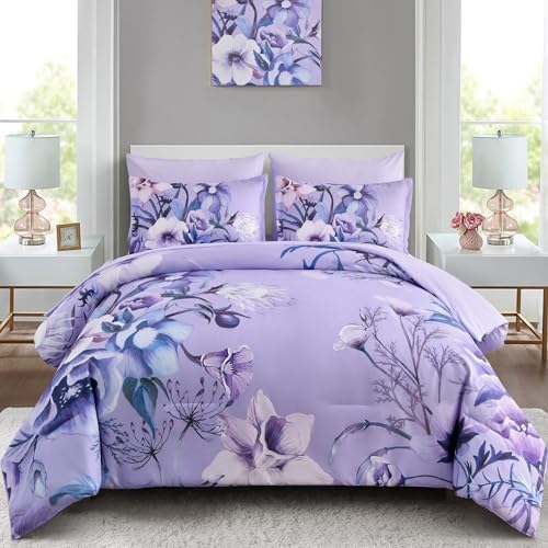 Luxudecor Lavender Purple Floral Comforter Set King Size 7 Piece, Flower Bed in a Bag, Elegant Comforter Bedding Set for All Season (Lavender, 104"x90")