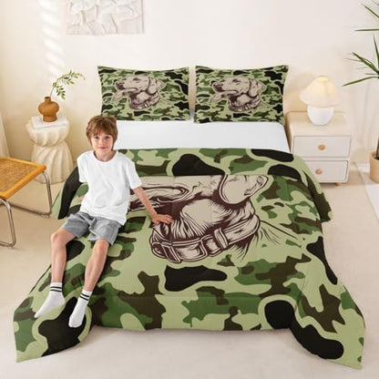 Feelyou Green Camo Decor Comforter Set Queen Size Hunting Dog Bedding Set for Kids Boys Girls Mallard Duck Duvet Quilt Military Style Bedroom Decor Microfiber 3 Pcs with 2 Pillow Cases