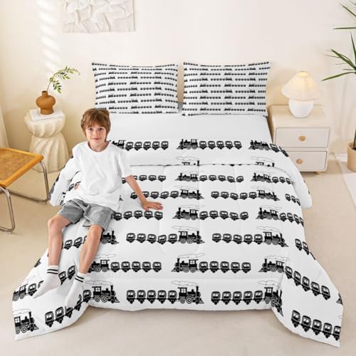 Feelyou Train Comforter Set King Size Retro Steam Locomotive Down Bedding Set for Kids Boys Girls Vintage Transportation Vehicles Duvet Quilt Bedroom Decor Microfiber 3 Pcs with 2 Pillow Cases