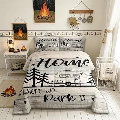 Castle Fairy Kids RV Happy Camping Bedding Comforters King Size,Home is Where We Park It Comforter Set Adult Women Room Decor, Farmhouse Lovers Soft Duvet with 2 Pillowcases,3Pcs King 104''x90''