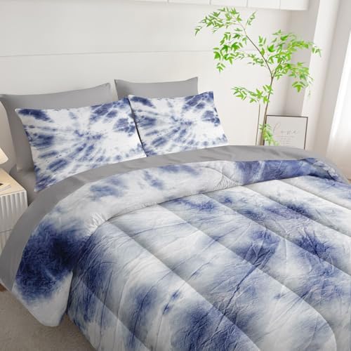 7Pcs Comforter Set Blue Tie Dye Printed Bedding Set with 1 Comforter, 1 Flat Sheet, 1 Fitted Sheet and 4 Pillowcases for Boys and Girls Bedroom All Season(Tie Dye Twin)