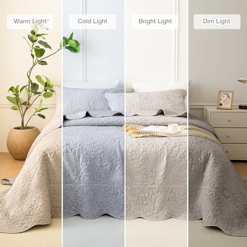 Masaca Oversized King Bedspread 120x120,3Pcs Crinkled Extra Large King Quilt Bedding Set Linen Colored Stone-Washed Farmhouse Lightweight Rustic Scallop Bedspread & Coverlet Sets for All Season