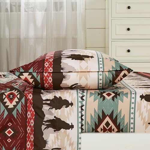 Chezmoi Collection 4-Piece Southwestern Cowboys Aztec Sheet Set California King - Multicolor Teal Brown Beige Tan Red Printed Brushed Microfiber Lightweight Breathable Deep Pocket Bed Sheets