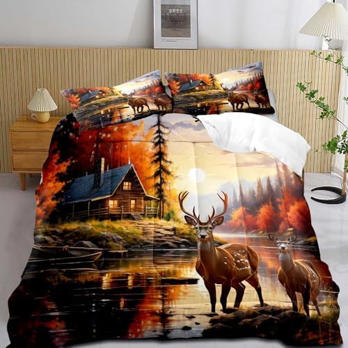 LUVIVIHOME 3PCS Deer Comforter Set Full Size, Mallard Duck Elk Moose Lake Mountain Fall Tree Forest Animal Wildlife Hunting Hunter Country Lodge Rustic Farmhouse Cabin Bedding Sets, 2 Pillow Shams
