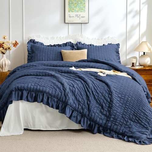 JOLLYVOGUE Oversized King Comforter Set, 3 Pieces Navy Blue Seersucker Comforters, Lightweight & Fluffy Bedding Sets for All Season with 1 Ruffle Comforter and 2 Ruffle Pillowshams