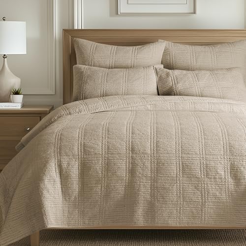 Levtex Home Cloud Waffle Twin XL/Twin Quilt Set (68x86in) with 1 Pillow Sham (26x20in) - Box Quilted Waffle Cotton Texture - Taupe - Cotton Twin Size Quilt Bedding Set - Lightweight Soft Pre-Washed