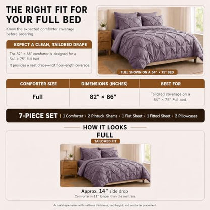 HIMEET Full Size Comforter Set Dusty Purple - 7 Pieces Pintuck Bed in a Bag