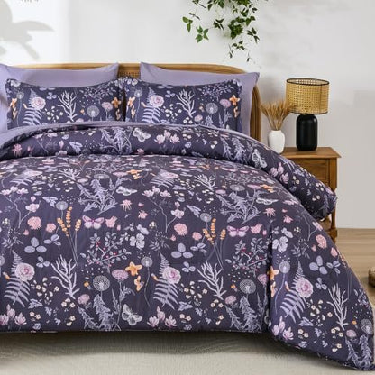 Queen Comforter Set Dusty Purple Floral Bedding Set 7 Piece Bed in a Bag