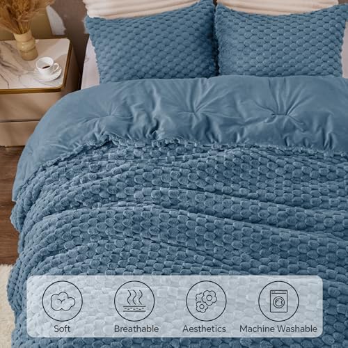 BEDELITE Fluffy Cal King Comforter Set, Blue Fog Fleece Bed Set 3 Pieces
