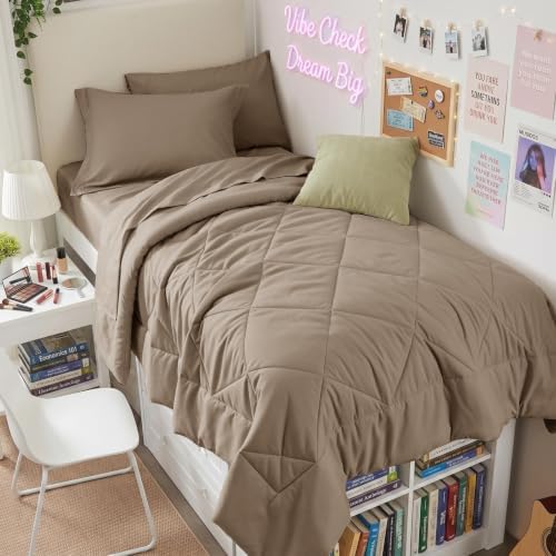 HEVUMYI 5-Piece Twin Comforter Set, Khaki Bed in a Bag