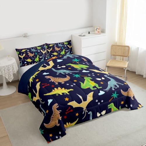 Boys Dinosaur Queen Comforter Set for Kids Cute Dinosaur Print Bedding,Green Beige Blue Dinos Bedding Comforter Sets,Cartoon Wild Animals Duvet Inset 3 Pieces,Dinosaur Room Decor for Boys Teens…