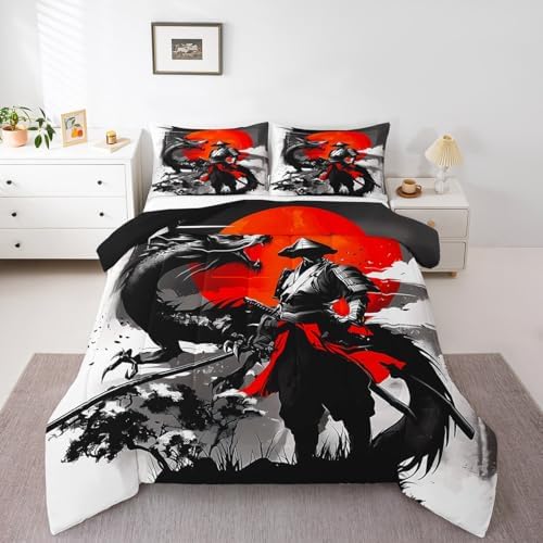 Feelyou Kids Samurai Comforter Set Twin Size, Japanese Samurai Bedding Set Warrior Bushido Comforter for Boys Girls Black Dragon Duvet Insert Microfiber Bed Set