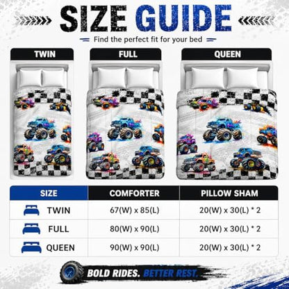 AILONEN 3-Piece Colorful Monster Truck Bedding Set Full Size,Featuring Cartoon Trucks and Checkered Flag Pattern Comforter Set Perfect for Kids Rooms,1 Quilt with 2 Pillowcases,Soft Comfortable