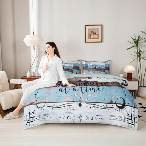 Erosebridal 7 Pcs Happy Camping Bedding Set for Boys Teens, Twin Size Rv Camper Comforter Set Rustic Farmhouse Sheets and Pillowcase, Vintage Old Barn Door Bed in A Bag, Country Starry Sky Bed Set