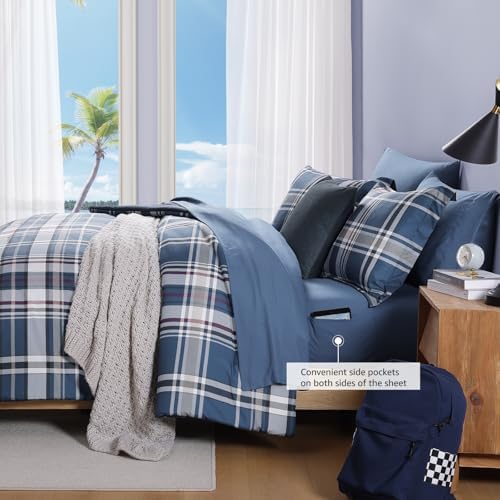 Plaid Full Size Comforter Set Medium Blue 7 Pieces Farmhouse Bed in a Bag